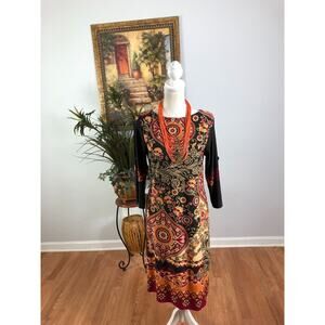 Tiana B. Shift Dress Womens Medium Black Paisley Slit Sleeve Boat Neck Pullover